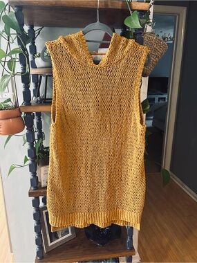 Free People Mustard Yellow Open Knit Sleeveless Sweater Vest